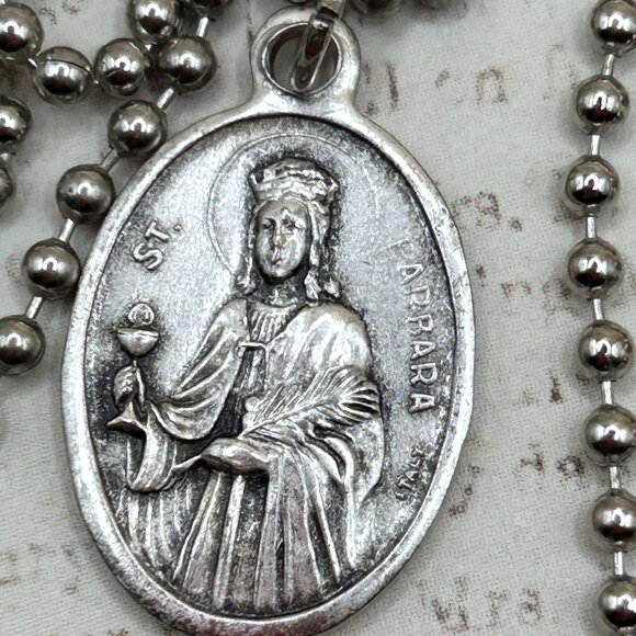 St. Saint Barbara Religious Medal Charm Pendant Long Steel Chain Necklace - Picture 3 of 9